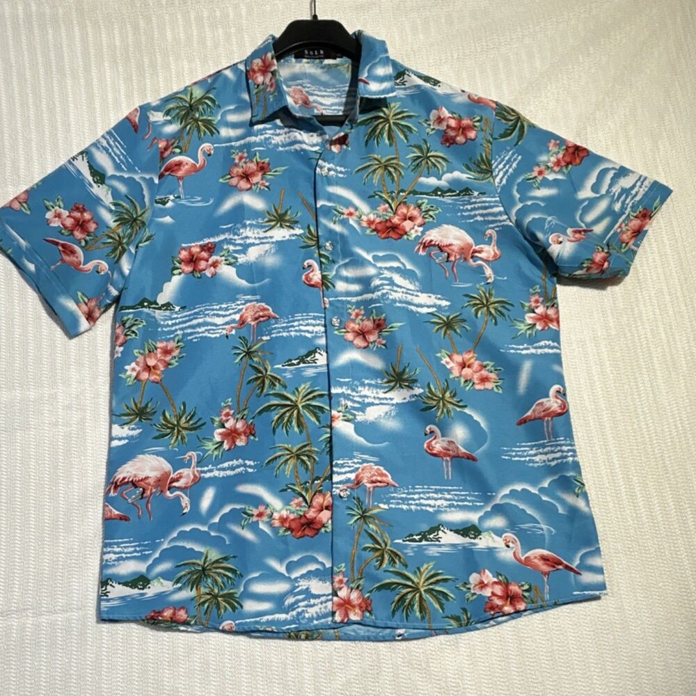 SSLR Hawaiian Flamingo Floral Button-Up Shirt Blue Short Sleeve Men's L